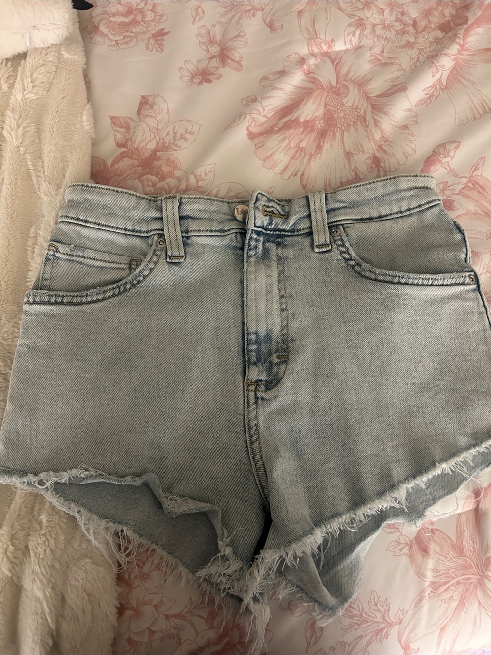 Lee Light Blue High-Rise Frayed Hem Denim Shorts